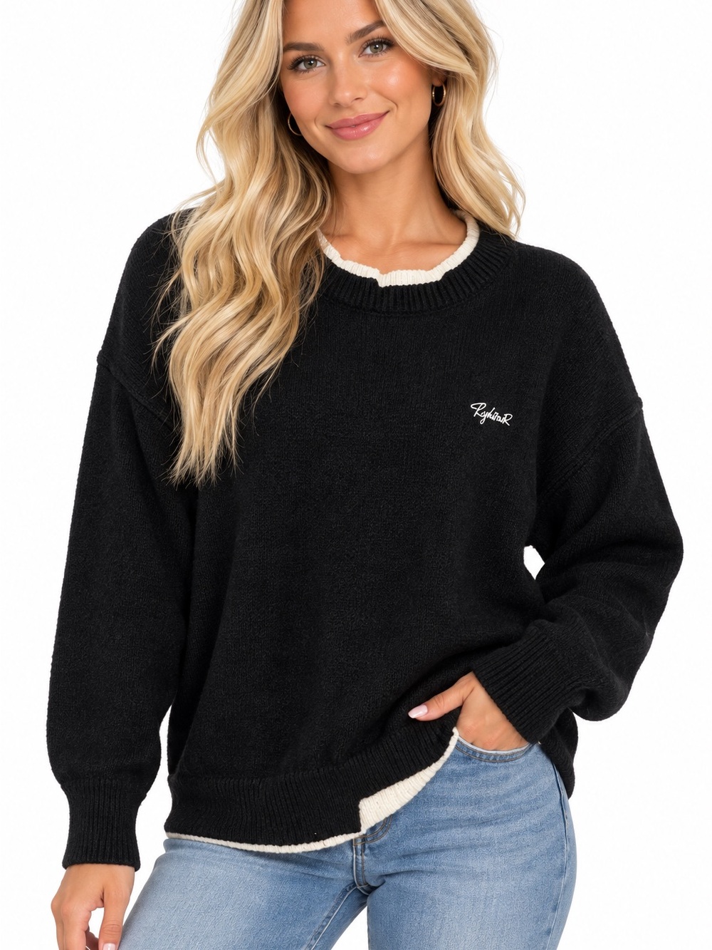 Aelfric Eden Size Large Relaxed Black Women's Sweater with Contrast Trim